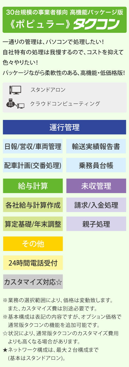 30台規模の事業者様向 高機能パッケージ版 ポピュラータクコン